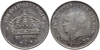 Швеция 1 крона 2004 Карл XVI Густав (1973- ) KM 894 медно-никель 177-227