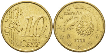 ИСПАНИЯ 10 ЕВРОЦЕНТОВ 1999 KM 1043 латунь 4543-323