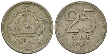 Швеция 25 эре 1946 TS, Густав V (1907-1950) KM 816 серебро 187-1228