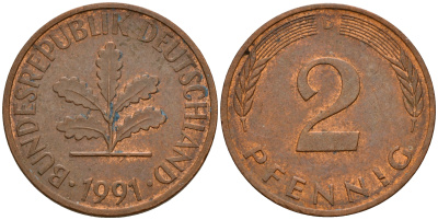 ФРГ 2 пфеннига 1991 D J.381a, KM 106a сталь плакированная медью    4598-928