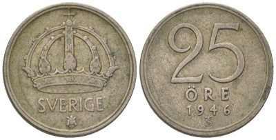 Швеция 25 эре 1946 TS, Густав V (1907-1950) KM 816 серебро 187-1228