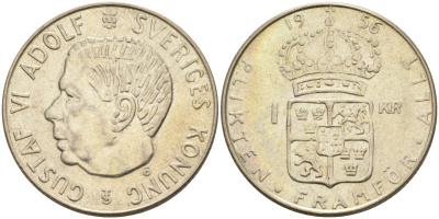 Швеция 1 крона 1956 TS, Густав VI Адольф (1950-1973) KM 826 серебро 183-1247