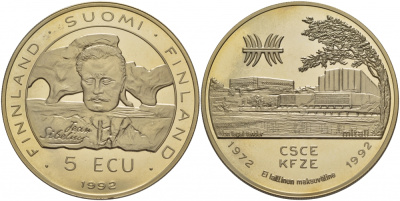 ФИНЛЯНДИЯ 5 ЭКЮ 1992 ЯН СИБЕЛИУС медно-никель UNC 01-149-22