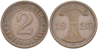 ГЕРМАНИЯ 2 РЕНТЕНПФЕННИГА 1923 A KM 31, J. 307 бронза 206-1155