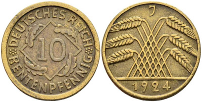 ГЕРМАНИЯ 10 РЕНТЕНПФЕННИГОВ 1924 J KM 33, J. 309 алюминиевая бронза 4401-356