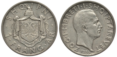 Албания 1 франга ари 1935 R, Ахмет Зогу I (1928-1939) KM 16 серебро 4127-1142