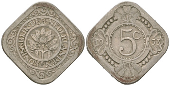 Нидерланды 5 центов 1933 Вильгельмина (1890-1948) KM 153 медно-никель 4171-226