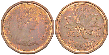 КАНАДА 1 ЦЕНТ 1983 КЛЕНОВЫЙ ЛИСТ, ЕЛИЗАВЕТА II (1953-) KM 132 бронза 4181-1266