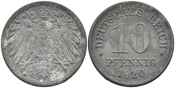 ГЕРМАНИЯ 10 ПФЕННИГОВ 1920 KM 26, J. 299 цинк 4401-145