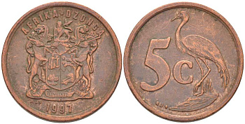 ЮАР 5 ЦЕНТОВ 1997 ГЕРБ, РАЙСКИЙ ЖУРАВЛЬ KM 160 сталь плакированная медью 51-1613