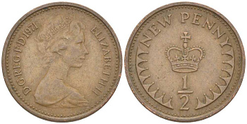 Великобритания 1/2 пенни 1971 Елизавета II (1952-2022) KM 914, Spink 4239 бронза 4392-1149