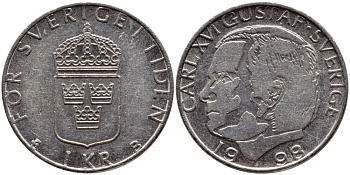 Швеция 1 крона 1998 Карл XVI Густав (1973- ) KM 852a медно-никель 4622-337