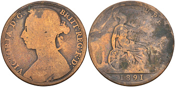 Великобритания 1 пенни 1891 Виктория (1837-1901) KM 755, Spink 3954 бронза 4117-723