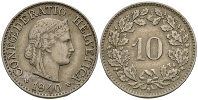 Швейцария 10 раппенов 1940 B KM 27 медно-никель 4189-344