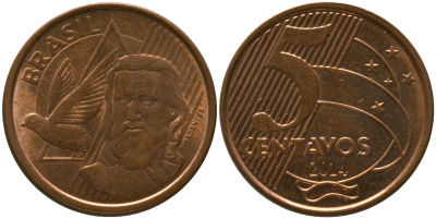 Бразилия 5 сентаво 2014 KM 648, Schon 156 сталь плакированная медью 4525-152