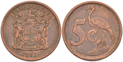 ЮАР 5 ЦЕНТОВ 1997 ГЕРБ, РАЙСКИЙ ЖУРАВЛЬ KM 160 сталь плакированная медью 51-1613