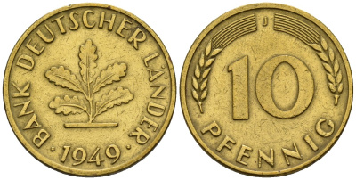 ФРГ 10 пфеннигов 1949 J KM 103 сталь плакированная латунью 4146-552