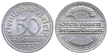 Германия 50 пфеннигов 1921 A KM 27, J.301, Weege 10 алюминий 4380-822