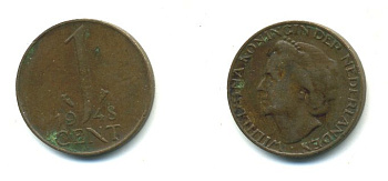 Нидерланды 1 цент 1948 Вильгельмина (1890-1948), год тип KM 175 бронза 54-132