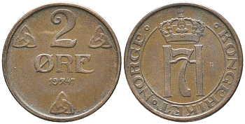 НОРВЕГИЯ 2 ЭРЕ 1947 ХОКОН VII (1905-1957) KM 371 бронза 34-622