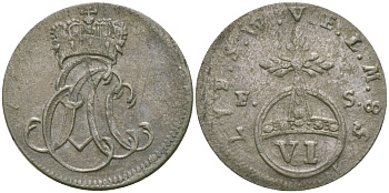 Саксен-Веймар-Эйзенах 6 пфеннигов 1758 FS, Эрнст Август II Константин (1748-1758), монограмма KM 15 , Merseburger 3978 серебро    99-621
