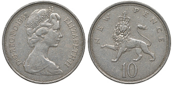 Великобритания 10 пенсов 1968 Елизавета II (1952-2022) KM 912, Spink 4231 (F1) медно-никель 4131-331