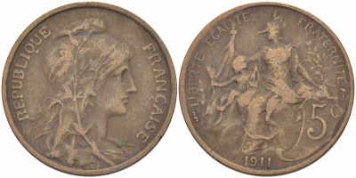 ФРАНЦИЯ 5 САНТИМОВ 1911 ТИП ДАНИЭЛЬ ДЮПЮИ KM 842, LE FRANC 119.23 бронза 108-931