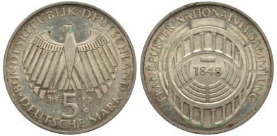 ФРГ 5 МАРОК 1973 G, 125 ЛЕТ ФРАНКФУРТСКОМУ ПАРЛАМЕНТУ KM 137, J. 412 серебро 1520-225