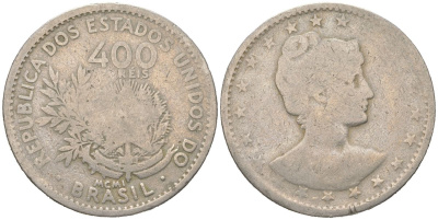 Бразилия 400 реалов 1901 MCMI, голова свободы вправо KM 505 медно-никель 4612-532