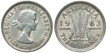 Австралия 3 пенса 1963 m, Елизавета II (1952-2022) KM 57 серебро 71-853