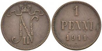 Россия для Финляндии 1 пенни 1911 Николай II (1894-1917) KM 13, Биткин 471 медь 4396-1347