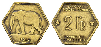 Бельгийское Конго 2 франка 1943 слон, шестиугольная, год тип KM 25 латунь 4127-1735