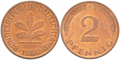ФРГ 2 ПФЕННИГА 1980 D KM 106a, J.381a сталь плакированная сталь плакированная медьюю 3996-1118