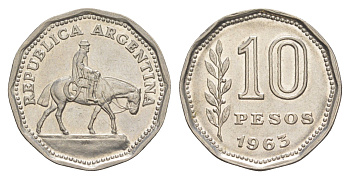 Аргентина 10 песо 1963 KM 60 сталь плакированная никелем 4153-913
