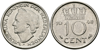 Нидерланды 10 центов 1948 Вильгельмина (1895-1948) KM 177 никель 96-529