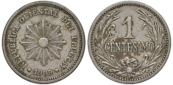 Уругвай 1 сентесимо 1909 KM 19 медно-никель 4169-626