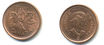 Канада 1 цент 2010 Елизавета II (1952-2022), кленовый лист KM 490 цинк плакированный медью 177-1466