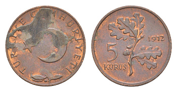 Турция 5 курушей 1972 KM 890.2 бронза 4647-531