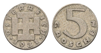 Австрия 5 грошей 1931 KM 2846 медно-никель 4632-638