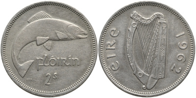 ИРЛАНДИЯ 1 ФЛОРИН - 2 ШИЛЛИНГА 1962 ЛОСОСЬ KM 15а медно-никель 89-1732