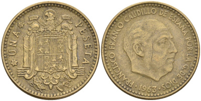 Испания 1 песета 1963 (65) Франсиско Франко (1939-1975) KM 775 алюминиевая бронза 4604-337