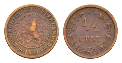 Нидерланды 1/2 цента 1901 Вильгельмина (1890-1948) KM 109 бронза 4659-167