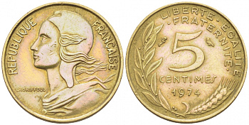 ФРАНЦИЯ 5 САНТИМОВ 1974 ТИП MARIANNE KM 933, LE FRANC 125.10 алюминиевая бронза 112-831
