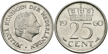 НИДЕРЛАНДЫ 25 ЦЕНТОВ 1960 ЮЛИАНА KM 183 никель 96-143