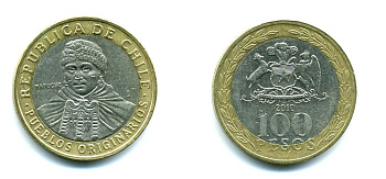 Чили 100 песо 2010 индейцы Мапуче KM 236 биметалл 41-332