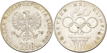 Польша 200 злотых 1976 MW, XXI олимпийские игры 1976 года в Монреале, кольца KM 86, Parchimowicz 306а серебро 4111-412