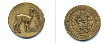 ПЕРУ 1/2 СОЛЯ 1967 ЛАМА KM 247 латунь 83-226