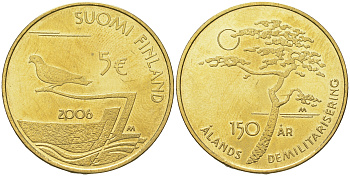Финляндия 5 евро 2006 150 лет демилитаризация Аландских островов KM 123 нордик  UNC  650-412