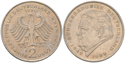 ФРГ 2 марки 1990 F, Франц Йозеф Штраус, 40 лет Федеративной Республике KM 175 медно-никель 4572-933