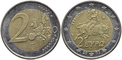 Греция 2 евро 2002 похищение Европы KM 188 биметалл 4390-1215